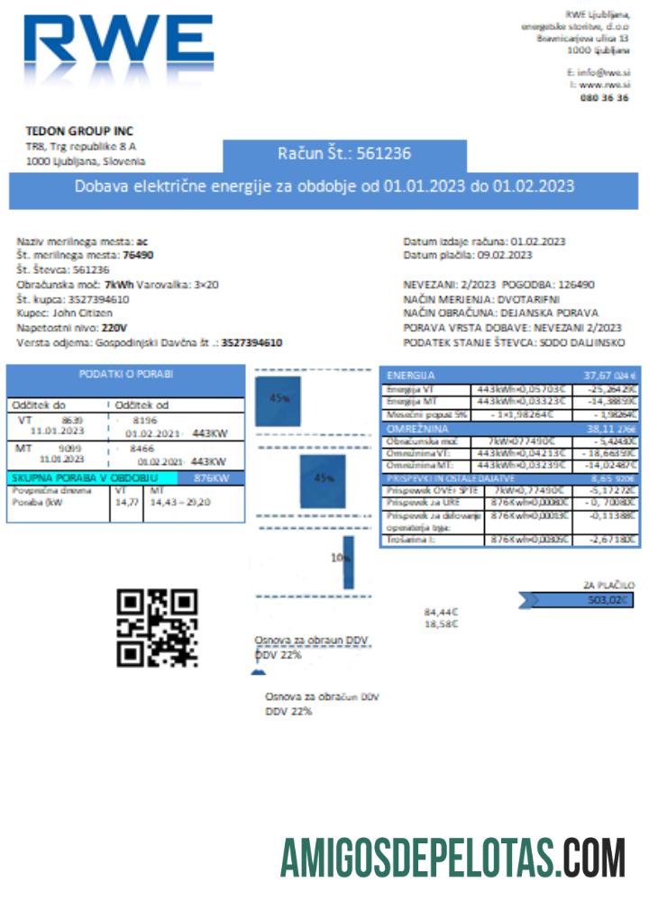 Prova de endereço de eletricidade da RWE, fatura de serviços públicos, SCR amostra